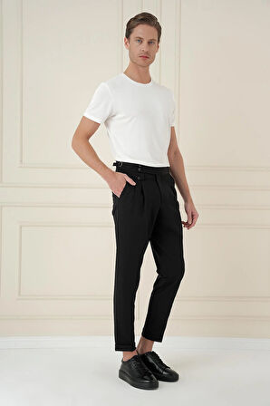 P 1172 Comfort Fit Beli Tokalı Çift Pileli Siyah Jogger Pantolon