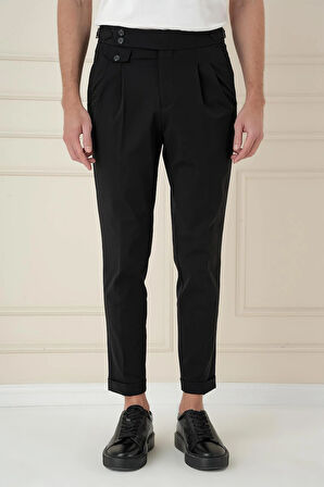 P 1172 Comfort Fit Beli Tokalı Çift Pileli Siyah Jogger Pantolon