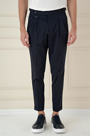 P 1172 Comfort Fit Beli Tokalı Çift Pileli Lacivert Jogger Pantolon