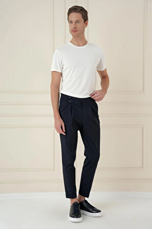 P 1172 Comfort Fit Beli Tokalı Çift Pileli Lacivert Jogger Pantolon