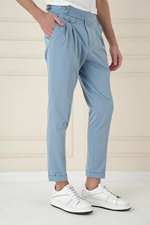 P 1172 Comfort Fit Beli Tokalı Çift Pileli Havacı Mavi Jogger Pantolon