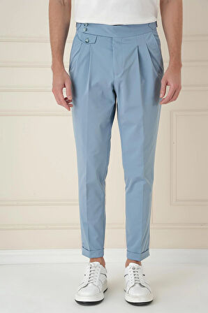 P 1172 Comfort Fit Beli Tokalı Çift Pileli Havacı Mavi Jogger Pantolon