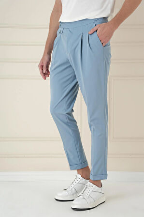 P 1172 Comfort Fit Beli Tokalı Çift Pileli Havacı Mavi Jogger Pantolon