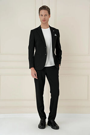 C 698 Comfort Fit Mono Yaka Çift Yırtmaç Torba Cep Casual Siyah Ceket