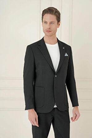 C 698 Comfort Fit Mono Yaka Çift Yırtmaç Torba Cep Casual Siyah Ceket