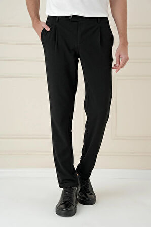 P 1174 Comfort Fit Gofre Dokulu Beli Lastikli Pileli Siyah Jogger Pantolon