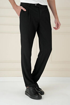 P 1174 Comfort Fit Gofre Dokulu Beli Lastikli Pileli Siyah Jogger Pantolon