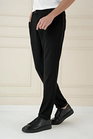 P 1174 Comfort Fit Gofre Dokulu Beli Lastikli Pileli Siyah Jogger Pantolon