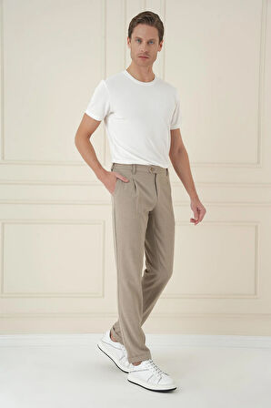 P 1174 Comfort Fit Gofre Dokulu Beli Lastikli Pileli Bej Jogger Pantolon