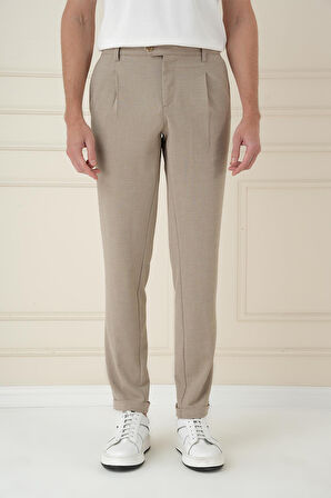 P 1174 Comfort Fit Gofre Dokulu Beli Lastikli Pileli Bej Jogger Pantolon