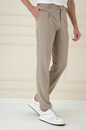 P 1174 Comfort Fit Gofre Dokulu Beli Lastikli Pileli Bej Jogger Pantolon