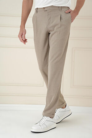 P 1174 Comfort Fit Gofre Dokulu Beli Lastikli Pileli Bej Jogger Pantolon