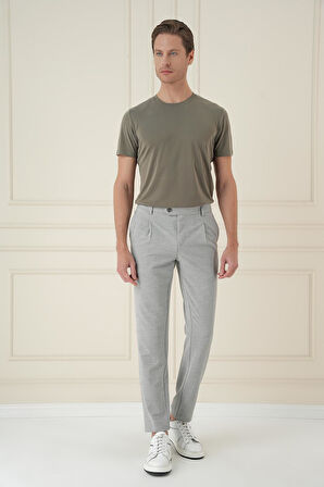 P 1174 Comfort Fit Gofre Dokulu Beli Lastikli Pileli Gri Jogger Pantolon