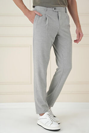 P 1174 Comfort Fit Gofre Dokulu Beli Lastikli Pileli Gri Jogger Pantolon
