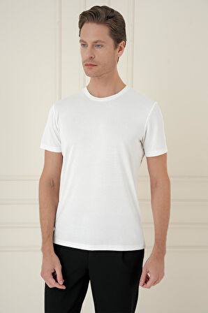 Comfort Fit Bisiklet Yaka Modal Kısa Kol Casual Ekru Tişört Ts 895