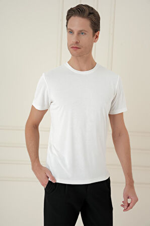 Comfort Fit Bisiklet Yaka Modal Kısa Kol Casual Ekru Tişört Ts 895