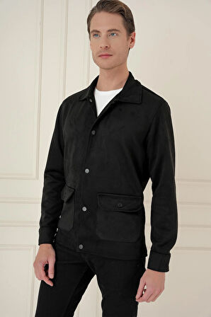 C 699 Comfort Fit Mono Yaka Kapaklı Cep Casual Siyah Ceket