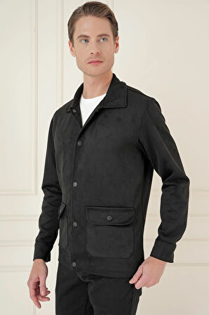 C 699 Comfort Fit Mono Yaka Kapaklı Cep Casual Siyah Ceket