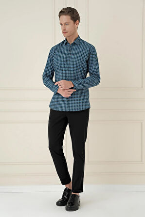 G 1585 Slim Fit Kazayağı Desenli %100 Pamuk Casuel Mavi Gömlek