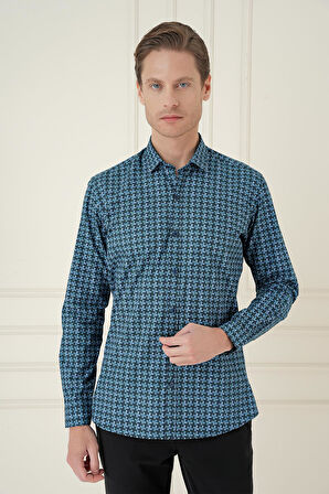 G 1585 Slim Fit Kazayağı Desenli %100 Pamuk Casuel Mavi Gömlek