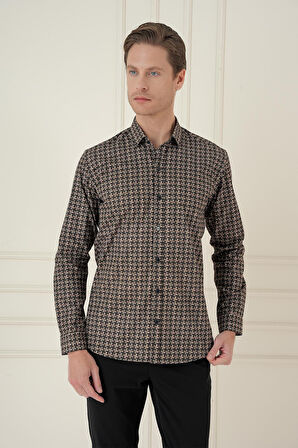 G 1585 Slim Fit Kazayağı Desenli %100 Pamuk Casuel Kahve Gömlek
