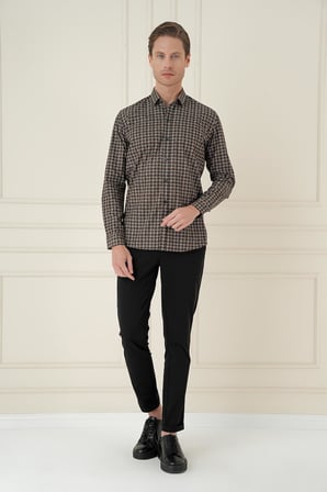 G 1585 Slim Fit Kazayağı Desenli %100 Pamuk Casuel Kahve Gömlek