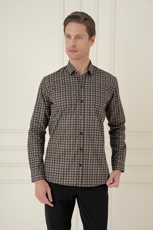 G 1585 Slim Fit Kazayağı Desenli %100 Pamuk Casuel Kahve Gömlek