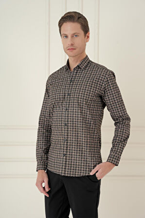 G 1585 Slim Fit Kazayağı Desenli %100 Pamuk Casuel Kahve Gömlek