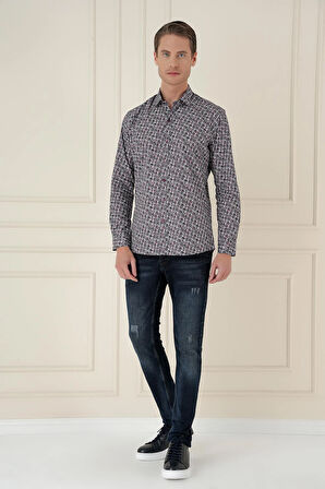 G 1586 Slim Fit Baskılı %100 Pamuk Spor Gri Gömlek 