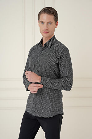 G 1587 Slim Fit Baskılı %100 Pamuk Spor Siyah Gömlek 