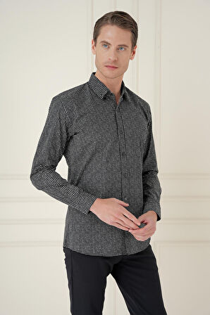 G 1587 Slim Fit Baskılı %100 Pamuk Spor Siyah Gömlek 