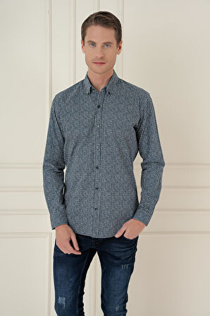 G 1587 Slim Fit Baskılı %100 Pamuk Spor Lacivert Gömlek 