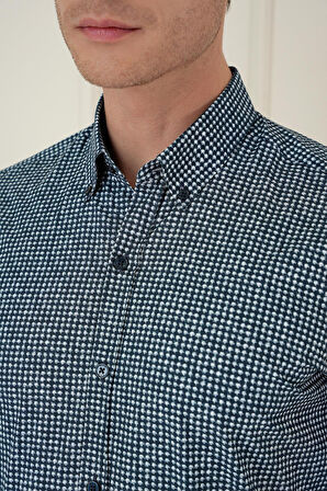 G 1587 Slim Fit Baskılı %100 Pamuk Spor Lacivert Gömlek 