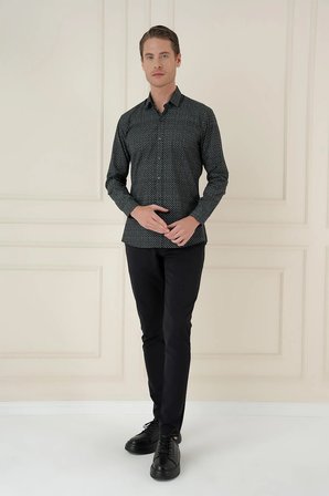 G 1588 Slim Fit Baskılı %100 Pamuk Spor Lacivert Gömlek 
