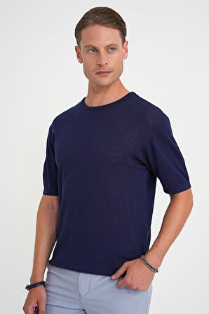 Comfort Fit Bisiklet Yaka Kısa Kol Spor Lacivert Triko Tr 881