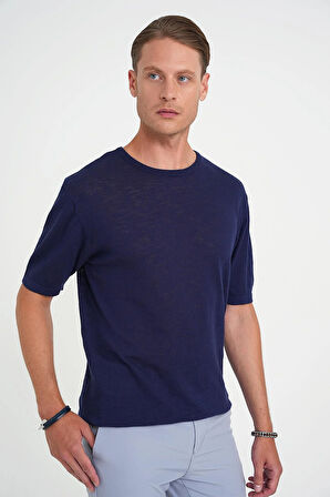 Comfort Fit Bisiklet Yaka Kısa Kol Spor Lacivert Triko Tr 881