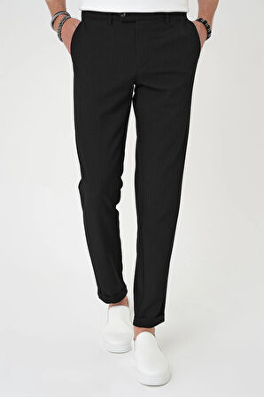Comfort Fit Gofre Dokulu Beli Lastikli Siyah Jogger Pantolon P 1177
