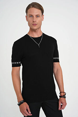 Comfort Fit Bisiklet Yaka Kısa Kollu Siyah Triko Tr 882