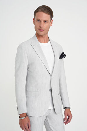 Slim Fit Kırlangıç Yaka Balıksırtı Desen Spor Açık Gri Ceket C 702