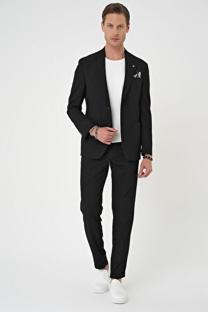 C 703 Comfort Fit Mono Yaka Çift Yırtmaç Torba Cep Gofre Kumaş Casual Siyah Ceket