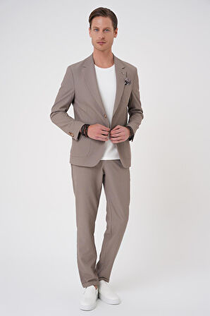 C 703 Comfort Fit Mono Yaka Çift Yırtmaç Torba Cep Gofre Kumaş Casual Vizon Ceket