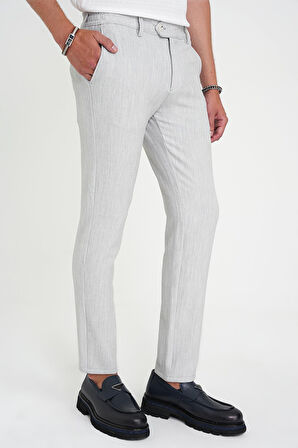 Comfort Fit Beli Lastikli Balıksırtı Desen Açık Gri Pantolon P 1175