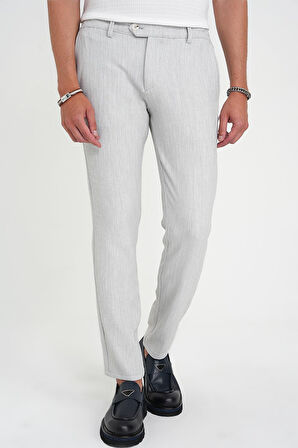 Comfort Fit Beli Lastikli Balıksırtı Desen Açık Gri Pantolon P 1175