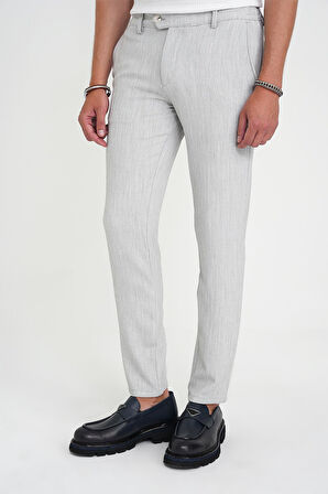 Comfort Fit Beli Lastikli Balıksırtı Desen Açık Gri Pantolon P 1175