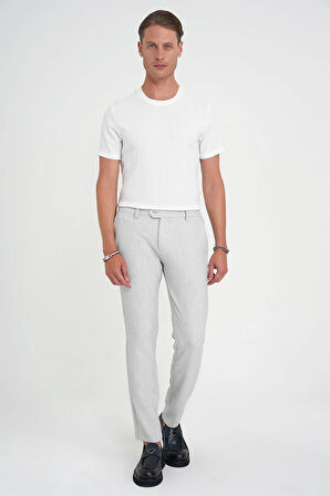 Comfort Fit Beli Lastikli Balıksırtı Desen Açık Gri Pantolon P 1175
