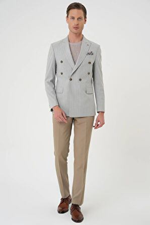 C 704 Slim Fit Çift Yırtmaç Çizgili Kruvaze Casual Gri Ceket