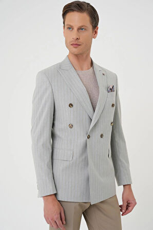 C 704 Slim Fit Çift Yırtmaç Çizgili Kruvaze Casual Gri Ceket