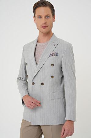 C 704 Slim Fit Çift Yırtmaç Çizgili Kruvaze Casual Gri Ceket