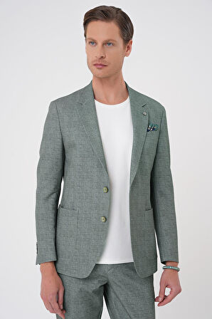 C 701 Comfort Fit Mono Yaka Çift Yırtmaç Torba Cep Casual Yeşil Ceket