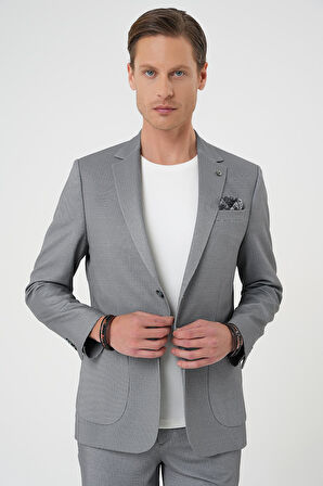 C 705 Comfort Fit Mono Yaka Çift Yırtmaç Torba Cep Kendinden Desenli Casual Siyah Ceket